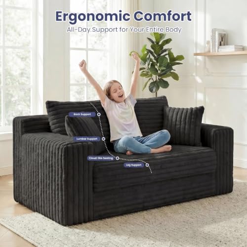 3-in-1 Convertible Sofa Bed: Boneless Loveseat Sleeper & Folding Couch Bed with 4 Pillows & Detachable Cushion,Furry Futon Couch for Bedroom,Apartment,Office and Living Room, No Assembly,Black - color: D-black, size: Loveseat Sofa