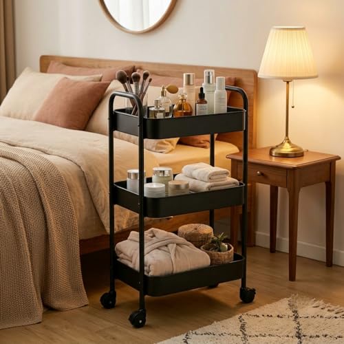 3-Tier Metal Rolling Cart with Smooth Casters, Lightweight Storage Utility Cart Mobile Organizer Rack, Multi-Purpose Basket Shelf for Kitchen, Bathroom, Closet, Pantry-Black - color: Black