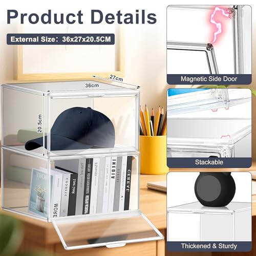 5 Pack Clear Plastic Shoe Boxes with Acrylic Magnetic Door, Size 12 | Stackable Shoe Storage Organizer for Closet, Fit Size 12 Everyday Casual Shoes, Sneakers