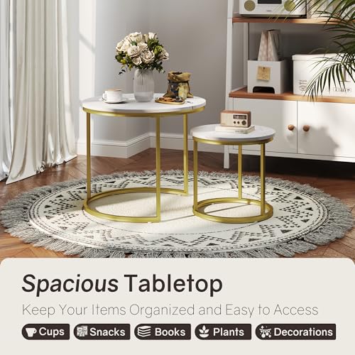 Otterease Nesting Tables Set of 2, Round Coffee Table, Small Nesting Coffee Table with Adjustable Non-Slip Fee, White Marble Top Stack Nesting Tables Set of 2 for Living Room, Bedroom (White) - color: 23.6" Marble White