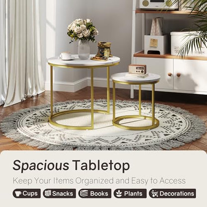 Otterease Nesting Tables Set of 2, Round Coffee Table, Small Nesting Coffee Table with Adjustable Non-Slip Fee, White Marble Top Stack Nesting Tables Set of 2 for Living Room, Bedroom (White) - color: 23.6" Marble White