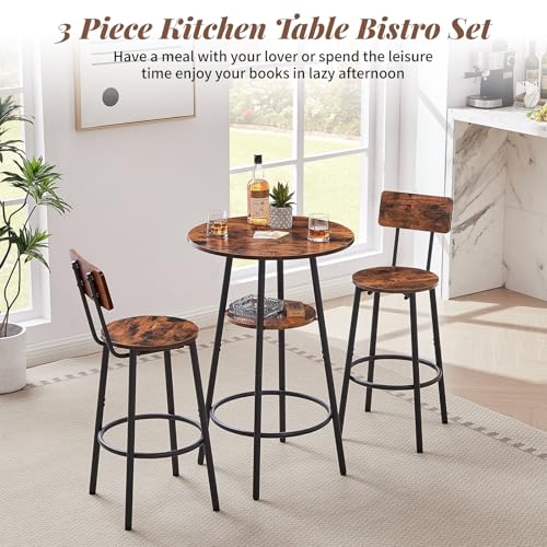 23.6” Diameter Round Bar Table Set for 2 with Storage Shelf, Counter Height Pub Table and Chairs, Small Round Kitchen Table with Backrest Stools for Small Spaces, Breakfast Nook Dining Table - color: Rustic Brown, style: Round w/ Wood Seat Stool