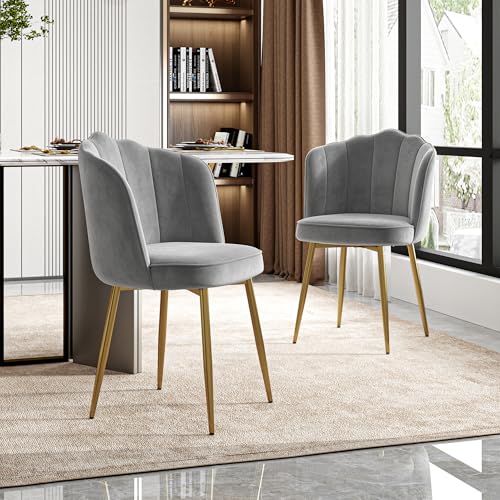 VECELO Velvet Dining Chairs Set of 6, Modern Upholstered Kitchen Chairs with Thick Cushions, Curved Padded Backrest and Metal Legs, for Kitchen, Dining Room, Living Room, Gray - color: Grey, size: Set of 6