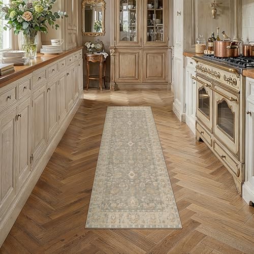 2x6 Brown Neutral Runner Rug | Washable, Non Slip, Low Pile, Soft, Vintage, Floral, Distressed Farmhouse, for Hallway Entryway Kitchen Bathroom Laundry Room - color: Brown, size: 2' x 6' (Runner)