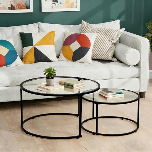 Modern Nesting Glass Coffee Table Set of 2, Round Tempered Glass Coffee Table for Living Room & Bedroom, Space-Saving Design with Adjustable Feet (Large Size + Black Frame) - color: Large Size + Black Frame