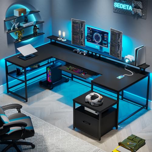 SEDETA 101.5''Reversible L Shaped Desk with Drawer for Home,Black | U Shaped Desk Office with Power Outlet,Computer with Monitor Shelf,Two Person Desk with Keyboard Tray