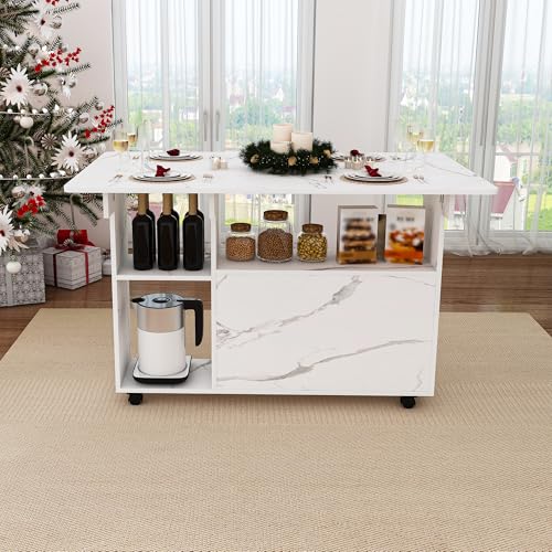 KEIKI 47 Inch Foldable Dining Table, Multi-Functional Folding Table with Storage Shelves and Wheels, Drop Leaf Extendable Dining Desk, Versatile Foldable Side Table for Kitchen, Dorm, Office, White - color: White