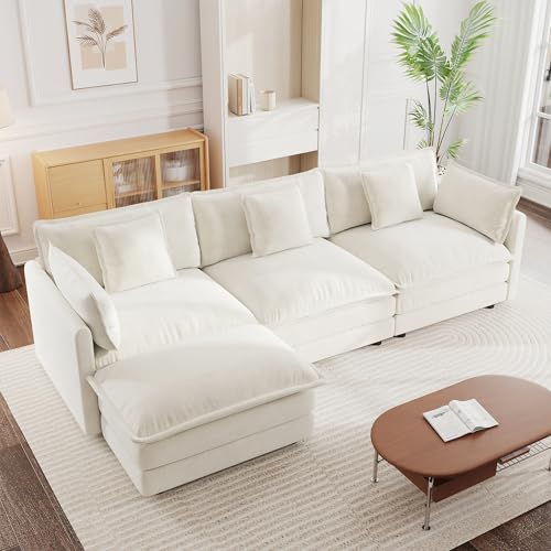 Modular Sectional Sofa, 111.5 Inch L Shaped Couch Set for Living Room, 3-Seater Comfy Cloud Couches with Movable Ottoman, DIY Combination, Chenille, Beige - color: Beige, size: 111.5 Inch- L