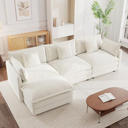 Modular Sectional Sofa, 111.5 Inch L Shaped Couch Set for Living Room, 3-Seater Comfy Cloud Couches with Movable Ottoman, DIY Combination, Chenille, Beige - color: Beige, size: 111.5 Inch- L