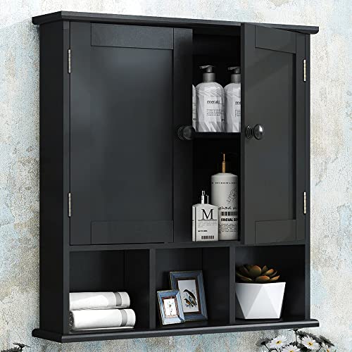 TaoHFE Black Medicine Cabinet Bathroom Over the Toilet Storage Cabinet | Wall Medicine Cabinet Organizer with 2 Door Adjustable Shelves, Wooden Modern Bathroom Shelves Wall Mounted Laundry Room - color: Black