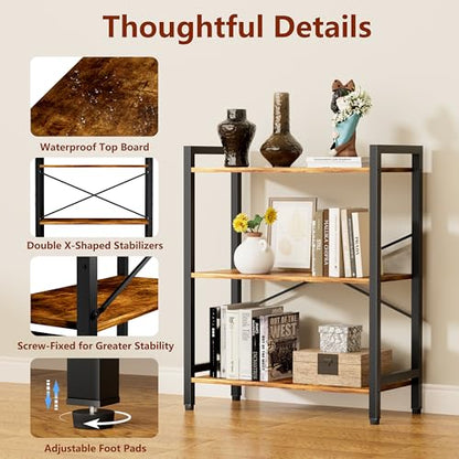 3 Tier Bookshelf,Storage Shelf with Steel Frame,Free Standing Open Book Shelves Storage Display Shelf - size: 3 Tier