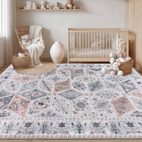 Moroccan Patchwork Washable Area Rug 4x6 for Bedroom Nursery, Ivory Beige | Distressed Floral Farmhouse Living Room Rug, Neutral Non Slip Low Pile Carpet for Office Dorm Apartment - color: Beige, size: 4x6 Feet