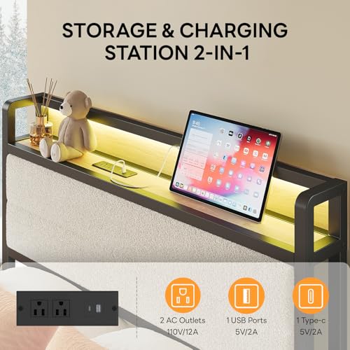 LIKIMIO Twin XL Bed Frame with Headboard, LED Lights and Charging Station | Upholstered sherpa storage headboard with LED & charger; heavy-duty slats; noise-free; modern elegance; natural and cream - color: Natural and Cream, size: Twin XL