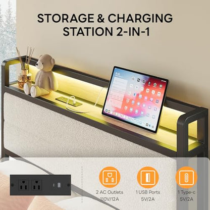 LIKIMIO Twin XL Bed Frame with Headboard, LED Lights and Charging Station | Upholstered sherpa storage headboard with LED & charger; heavy-duty slats; noise-free; modern elegance; natural and cream - color: Natural and Cream, size: Twin XL