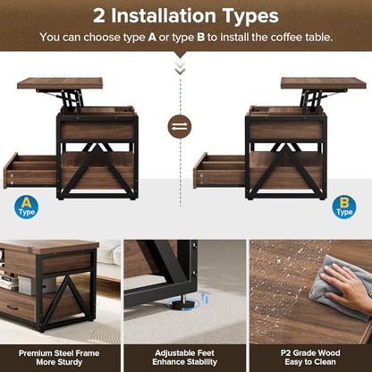 40" Lift Top Coffee Table with Storage,Walnut | 4 in 1 Multi-Function Lifting top Coffee Tables with Storage Drawers and Hidden Compartmen,for Living Room - color: Walnut
