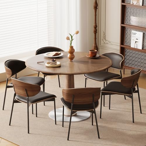 Modern Round Dining Table with Parquet Walnut Tabletop Seats 4-6 | 47.2" Small Circle Pedestal Kitchen Table with Metal Base for Dining Room, Kitchen, Apartment, Living Room