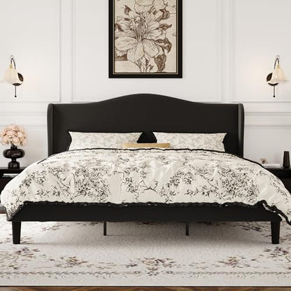 SHA CERLIN King Size Bed Frame with Curved Wingback Headboard, Soft Black | Modern Luxury Design Velvet Platform Bed with Sturdy Wooden Slats,Noise-Free, No Box Spring Needed, Easy Assembly - color: Soft Black, size: King