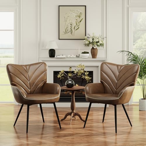 MALOL Modern Mid-Century Faux Leather Accent Chair, Upholstered Armchair with Curved Backrest, Sturdy Metal Base, Living Room, Bedroom & Reading Nook,Brown - color: Brown, size: set of 2