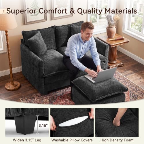 50" Loveseat Sofa with Ottoman, Cloud 2-Layer Cushion & 27" Deep Seat, Modern Love Seat Small Couch with 2 Washable Pillows for Small Spaces, Bedroom, Apartment, Office, Living Room, in a Box, Black - color: Black, size: Loveseat with Ottoman