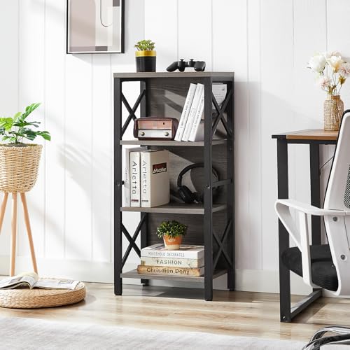 MNEETRUNG Small Bookshelf,4 Tier Industrial Bookcase with Metal Frame and Backboard,Narrow Rustic Gery Book Shelf,Book case for Small Spaces,Living Room,Bedroom and Home Office - color: Grey, size: 4-Tier (15.7"W x 11"D x 39.5"H)