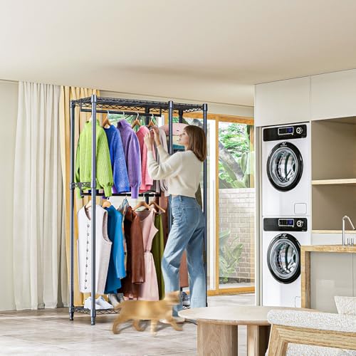 M MZG Heavy Duty Rolling Garment Rack 3 Tiers Adjustable Wire Shelving Clothes Rack with 3 Rods and Side Hooks,Storage Closet Clothing Rack Black 15.7" D x 43.3" W x 76.5" H - color: Black, size: 2 composition 15.7"D x 43.3"W x 76.5"H