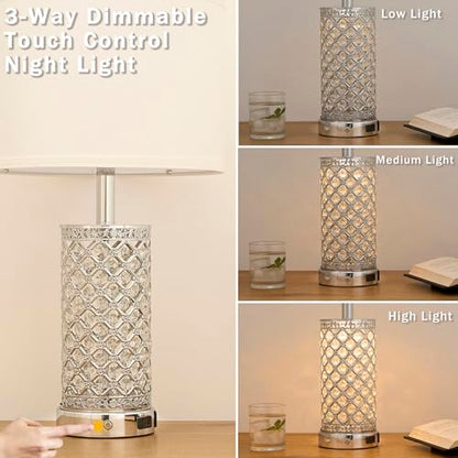 SAIWEYA 24in Crystal Table Lamp Set of 2 Bedroom Lamps for Night Stand | 3-Way Dimmable Touch with Night Ligh, 2 USB Ports + AC Outlet, White Fabric Shade, LED Bulb Included - color: Silver-2 Pack 24In