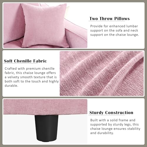 55" Modern 2-Seater Chaise Lounge Sofa Bed - Chenille Upholstered Loveseat Couch with Tufted Seat & Detachable Pillows, Space-Saving Sleeper Sofa (Pink) - color: Pink