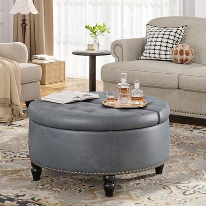 FiveWillowise 30 Inch Large Round Ottoman with Storage Circular,Gray Grey | Leather Coffee Table with Lift Top,Modern Upholstered Button Tufted Footrest Stool Solid Wood Legs for Living Room,Bedroom - color: Grey
