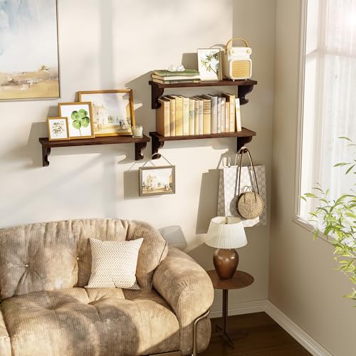 Alsonerbay 17-Inch Wood Floating Shelves for Wall 3-Pack, Light Walnut | Built-in hook brackets, pre-drilled easy assembly, 54 lbs total capacity, ideal for plants & decor in family & nursery spaces - color: Light Walnut