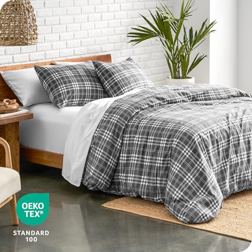 Bare Home Flannel Duvet Cover Set Twin/Twin XL, Stirling Plaid - Grey/White | 100% Cotton, Velvety Soft, Heavyweight, Premium Flannel, Double Brushed, Includes Sham Pillow Cover - color: 15 - Stirling Plaid - Grey/White (No Comforter), size: Twin/Twin XL