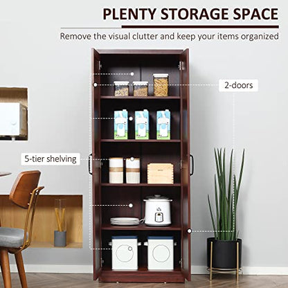 HOMCOM 63" 2-Door Kitchen Pantry 5-Tier Espresso | Freestanding Storage Cabinet, Shelving, 2 Adjustable Shelves, for Dining Room - color: Espresso