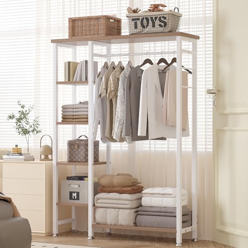 VECELO Open Garment Clothing Rack, Free-Standing Heavy Duty Storage Closet with 5 Shelves and Hanging Rod for Small Spaces, Max Load 350LBS, White Oak - color: White Oak