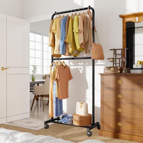 Standard Clothes Garment Rack, Portable Double Clothing Rack with Wheels and Bottom Shelf, Rolling Wardrobe Rack for Bedroom, Laundry Room, Black