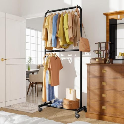 Standard Clothes Garment Rack, Portable Double Clothing Rack with Wheels and Bottom Shelf, Rolling Wardrobe Rack for Bedroom, Laundry Room, Black