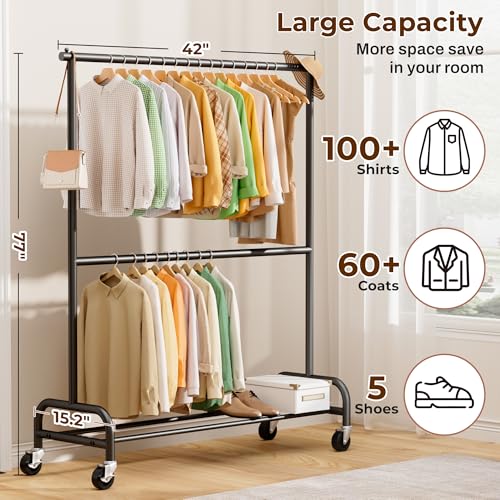 MISSLO Small Clothes Racks for Hanging Clothes and Double Rod Garment Rack with Wheels, 2 Pack