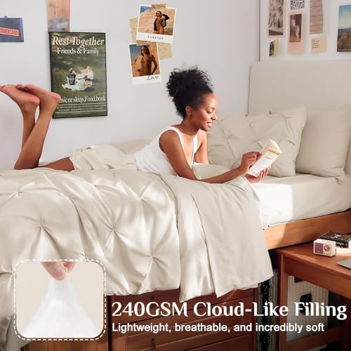 JOLLYVOGUE Twin Comforter Set 5 Pieces - Bed in a Bag Twin for All Season, Pintuck Bedding Comforter Sets with Comforter, Flat Sheet, Fitted Sheet and Pillowcases & Shams, Beige - color: Beige, size: Twin