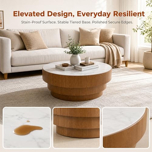 31.5" Round White Sintered Stone Coffee Table, Mid-Century Modern Marble Coffee Table with Stable Wood Pedestal Base, Circle Drum Cocktail Center Tea Tables for Living Room Bedroom Apartment - color: White