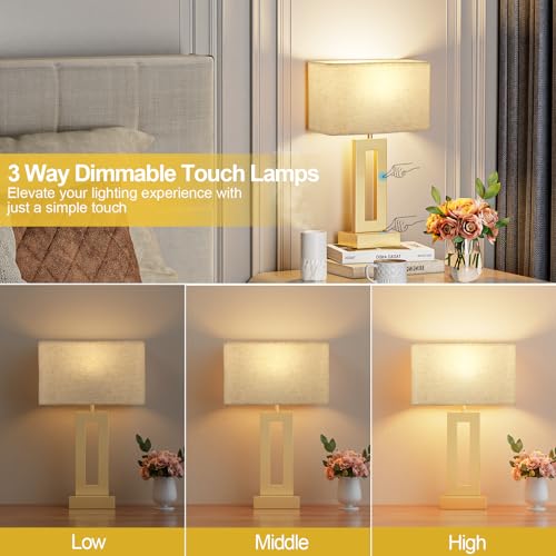 Seealle Bedroom Table Lamps Set of 2 - Beige Gold Touch Bedside Lamps with USB C+A, 3 Way Dimmable Gold Lamp for Nightstand, Modern Night Stands Lamps for Living Room - color: C. Beige&Gold, size: Medium(16.4in)