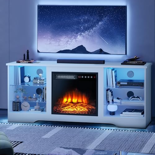 Fireplace TV Stand for up to 65 Inch TVs, Space-Saving LED Modern Entertainment Center for Small Apartments with Built-in 18" Electric Fireplace Heater & Adjustable Glass Shelves, White - color: White, size: 58"