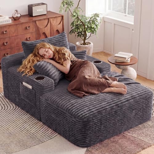 67" Oversized Chaise Lounge Indoor, Upholstered Deep Seat Cloud Couch Corduroy Lounge Chair, Modern Sofa Bed Loveseat Sleeper Chair for Living Room Bedroom Apartment, Dark Gray - color: Dark Gray, size: 67"