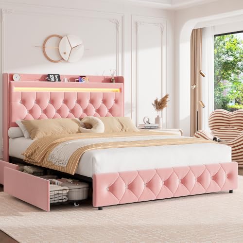 Garvee Queen Upholstered LED Bed Frame with Storage Headboard, Pink | Queen Bed with Charging Station and 2 Drawers, Velvet Princess Platform Bed for Kids, No Box Spring Needed, Easy Assembly - color: Pink, size: Queen (U.S. Standard)