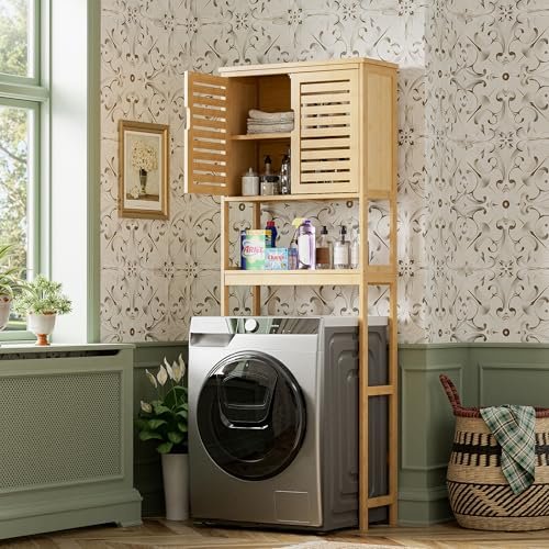 SMIBUY Bathroom Over The Toilet Storage Cabinet, 2 Door Bamboo Cabinet Organizer, Freestanding Space Saver Toilet Rack with Adjustable Inside Shelf and Open Shelf (Natural) - color: Natural