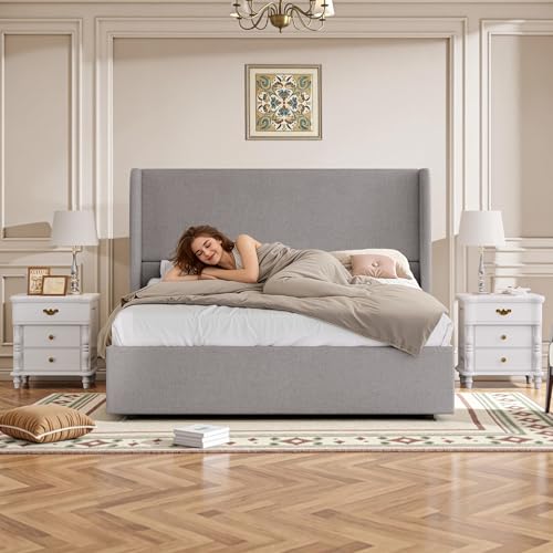 Queen Size Lift Up Storage Bed Frame with 51.2" Wingback Headboard, Linen Upholstered Platform Bed, Hydraulic Support System, Reinforced Metal Structure, No Box Spring Needed, Light Grey - color: Light Grey, size: Queen (U.S. Standard)