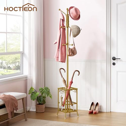 Hoctieon Coat Rack Freestanding, Coat Tree with Umbrella Holder | Metal Coat Rack Stand with 12 Hooks, Standing Coat Hanger Stand, Umbrella Stand for Entryway, Hat Rack Stand for Home Office - color: Gold