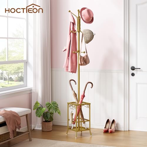 Hoctieon Coat Rack Freestanding, Coat Tree with Umbrella Holder | Metal Coat Rack Stand with 12 Hooks, Standing Coat Hanger Stand, Umbrella Stand for Entryway, Hat Rack Stand for Home Office - color: Gold