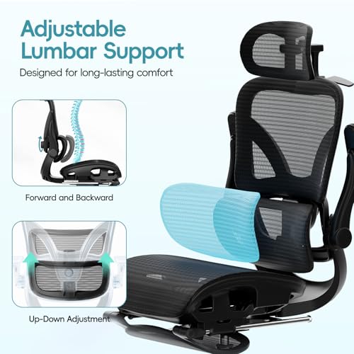 Ergonomic Office Chair, Home Office Desk Chairs with Adjustable Lumbar | Allion Ergonomic Mesh Computer Gaming Chairs with 3D Headrest, Flip-up Arms, Big Tall Reclining chair for Men Women, Black - color: Black
