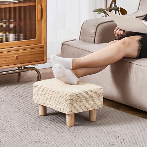 Wimarsbon Natural Seagrass Footstool Ottoman Rectangular Footrest Pouf Ottomans with Wooden Legs Hand Weave Step Stool for Living Room Bedroom Entryway Natural White - color: Natural White, size: 12"D x 16.5"W x 9.5"H