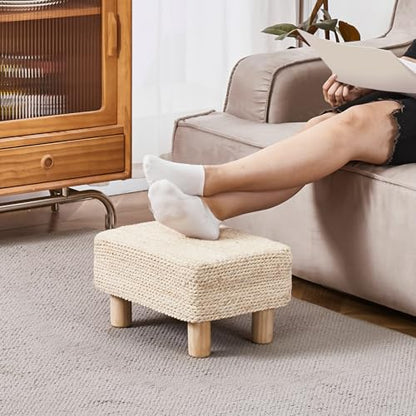 Wimarsbon Natural Seagrass Footstool Ottoman Rectangular Footrest Pouf Ottomans with Wooden Legs Hand Weave Step Stool for Living Room Bedroom Entryway Natural White - color: Natural White, size: 12"D x 16.5"W x 9.5"H
