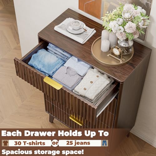 5-Drawer Dresser Fluted Drawers, Mid-Century, Walnut | 31"W x 15.4"D x 48"H, 130 lbs top / 40 lbs per drawer (7.7"H), 5 fluted drawers, gold handles, anti-tip straps - size: 15.4"D x 31"W x 48"H (5 Drawers)