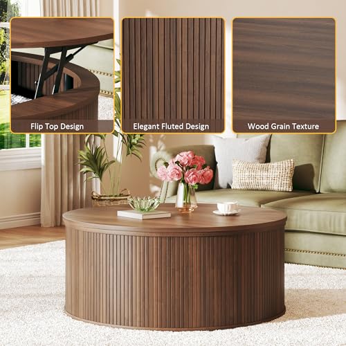 HUAHUU Round Coffee Table with Storage, 31.5" Lift Top Coffee Table, Mid Century Modern Coffee Tables for Living Room, Apartment Office, Fluted Table with Rustic Wood Desktop, Walnut